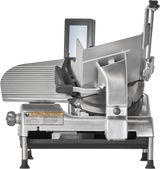 The Hobart HS6-1PS Heavy Duty Meat Slicer features a 13 CleanCut Knife, stainless steel construction, a circular blade, sliding tray, safety guard, and adjustment knobs—perfect for precise slicing of meats and cheeses in any professional kitchen.