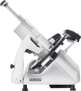 A silver Hobart Meat Slicer is shown in profile. This heavy duty meat slicer features a large 13 CleanCut Knife, angled food carriage, black adjustment knobs, and rubber feet for stability. The Hobart logo is visible on the base against a plain light gray background.