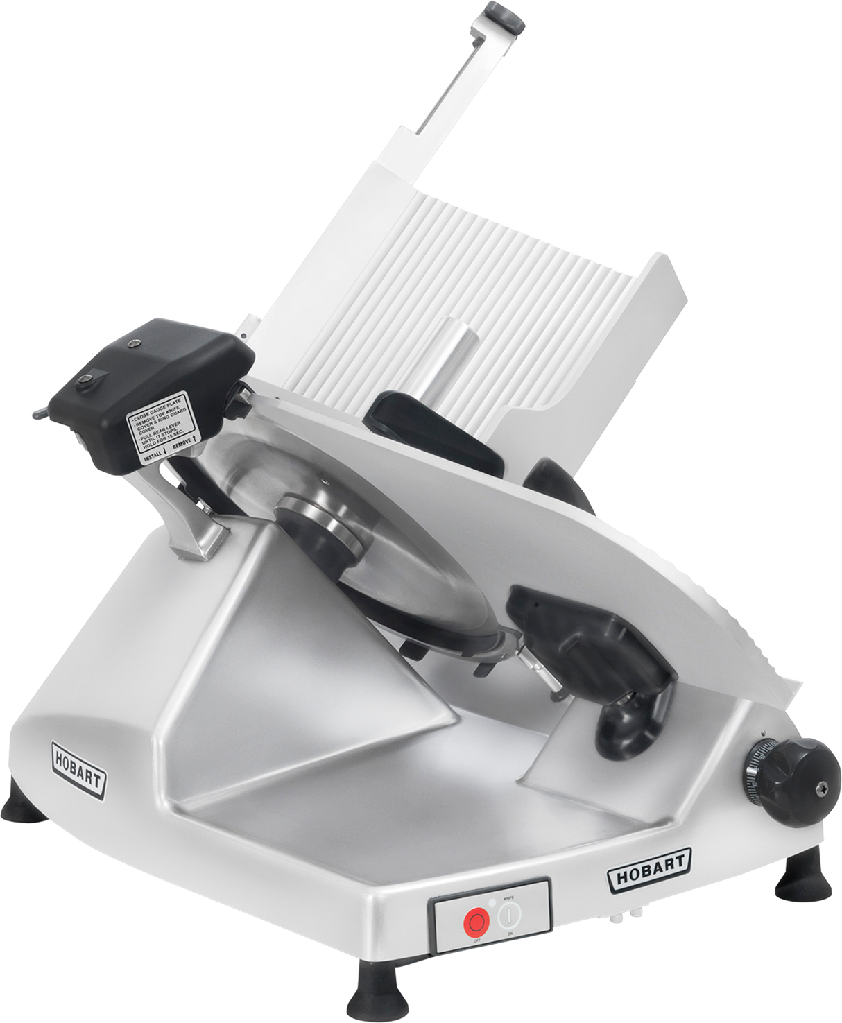 A silver Hobart Heavy Duty Meat Slicer with a CleanCut knife, tilted tray, circular blade, safety guard, handle, thickness control knob, and labeled buttons is shown on a white background.