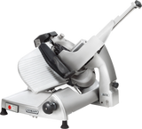 A Heavy Duty Meat Slicer, the Hobart HS6N-1R features a silver metallic body, black handles, and an ergonomic design. Its 13 CleanCut knife, adjustable thickness knob, and safety guard make it ideal for efficient commercial slicing.