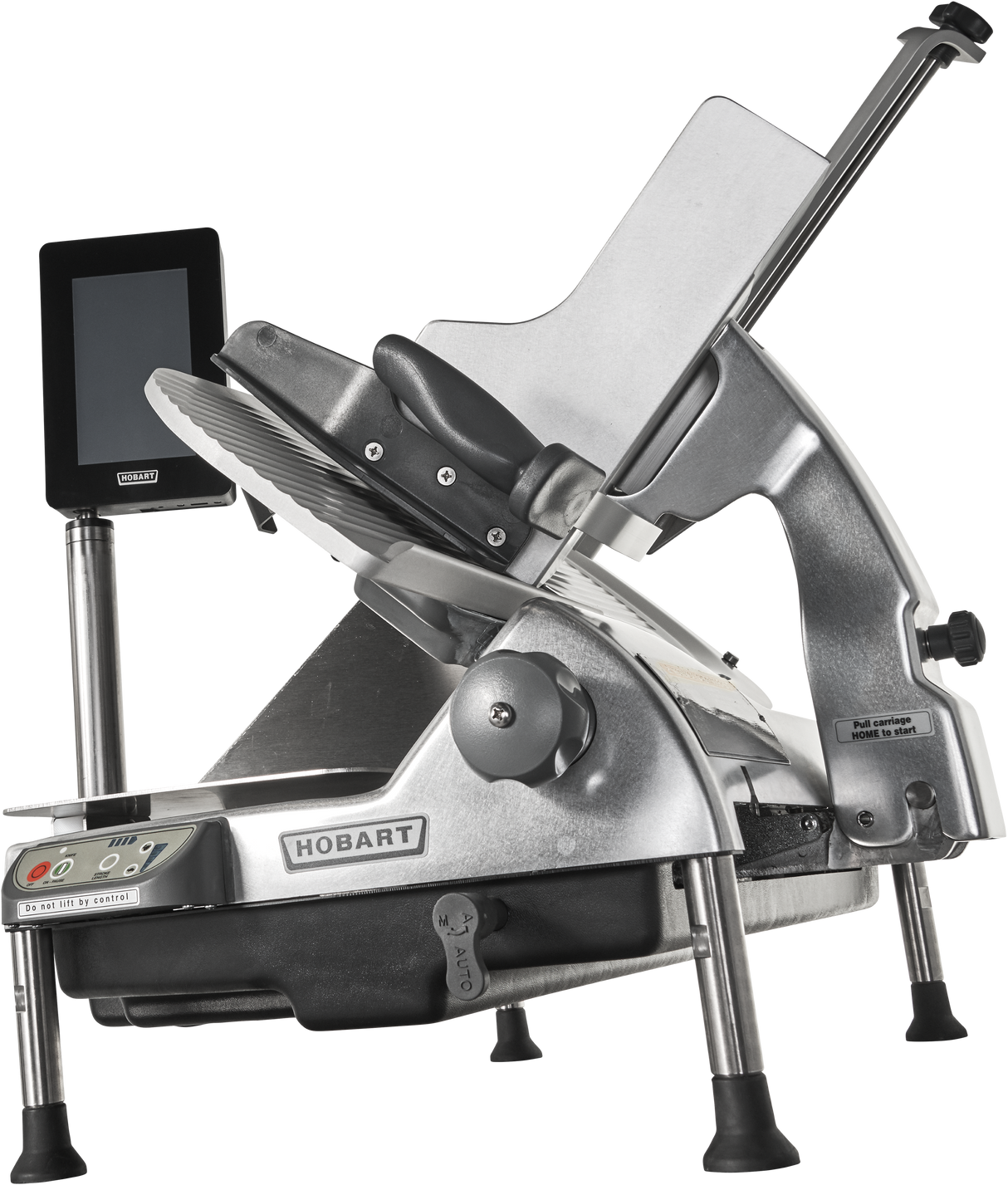 A heavy duty meat slicer, this commercial-grade Hobart model features a tilted blade, adjustable thickness knob, removable knife, digital controls with touchscreen display, safety guard, and sturdy metal frame with four legs.