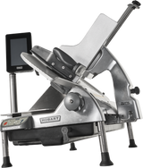 A heavy duty meat slicer, this commercial-grade Hobart model features a tilted blade, adjustable thickness knob, removable knife, digital controls with touchscreen display, safety guard, and sturdy metal frame with four legs.