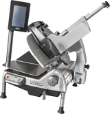 A heavy duty meat slicer, this commercial-grade Hobart features a large angled removable knife, adjustable thickness control, touchscreen display on a stand, and sturdy metal construction—ideal for slicing meats or cheeses in professional kitchens.