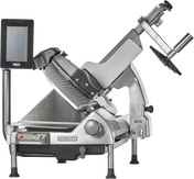 A silver Hobart heavy duty meat slicer with a digital control panel, adjustable slicing blade, black handle, removable knife, and safety guard. The automatic meat slicer is angled with a display screen on the left and stands on four short legs.