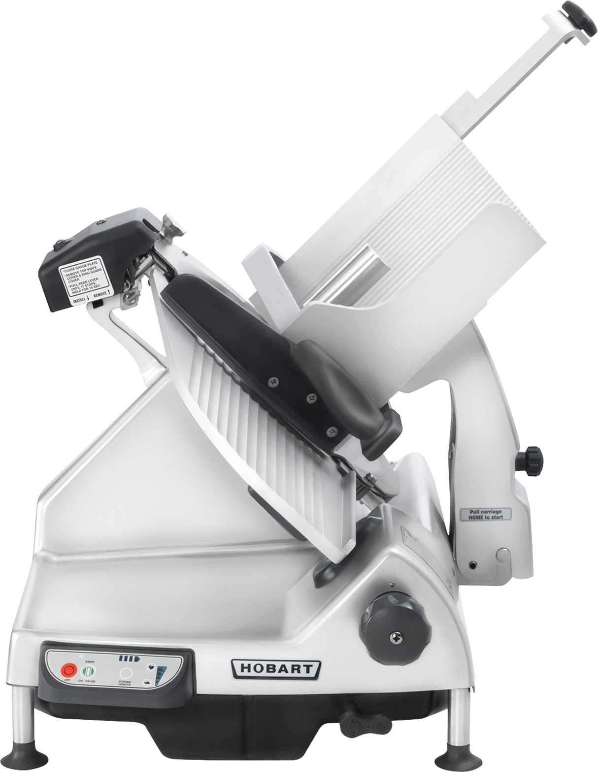 A Heavy Duty Meat Slicer with a silver metallic body and angled blade. Featuring a 13 CleanCut knife, safety guards, sliding tray, control panel with buttons, and a thickness handle. The machine is labeled Hobart on its side.