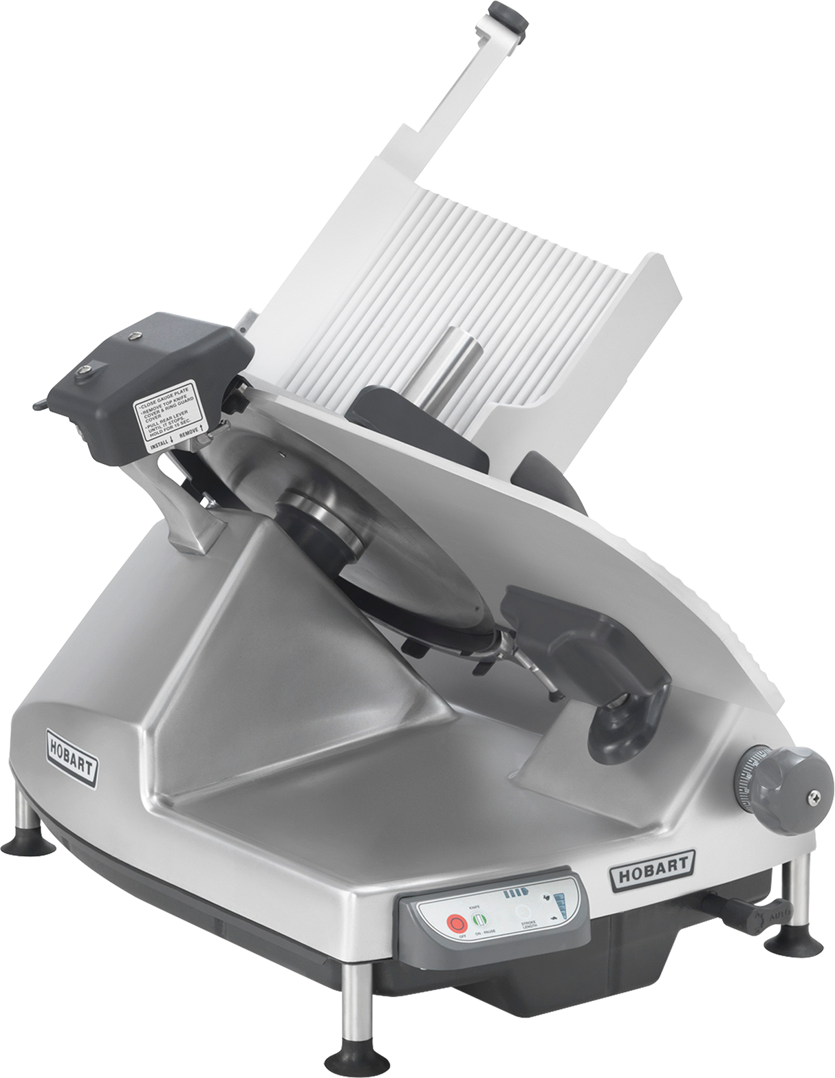 A Heavy Duty Meat Slicer featuring a large, angled stainless steel CleanCut knife, sliding tray, thickness adjustment knob, safety guard, and Hobart branding—designed for effortless slicing of meats and cheeses in food service settings.
