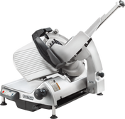 A Heavy Duty Meat Slicer with a 13 CleanCut knife, this stainless steel Hobart machine features a tilted platform, circular blade, control buttons, and safety labels—ideal for slicing meats and cheeses in commercial kitchens.