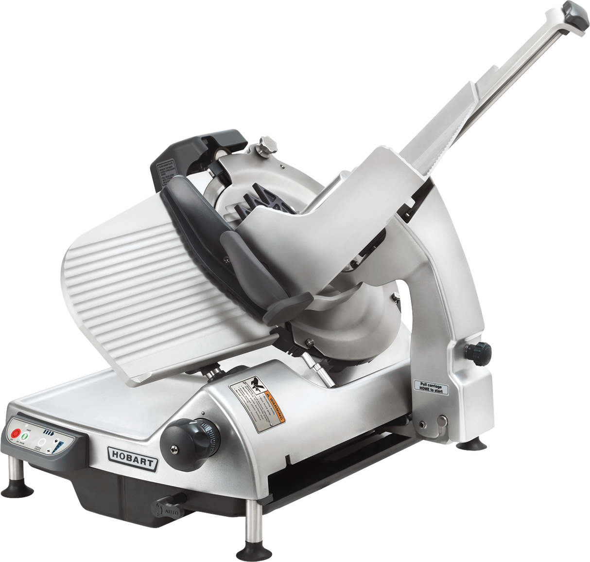 A Heavy Duty Meat Slicer with a silver body, circular rotating CleanCut knife, adjustable sliding carriage, and safe handle. The Hobart brand logo is on the base. Control buttons and safety labels complete this automatic meat slicer.