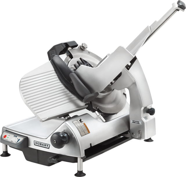 A Heavy Duty Meat Slicer with a silver body, circular rotating CleanCut knife, adjustable sliding carriage, and safe handle. The Hobart brand logo is on the base. Control buttons and safety labels complete this automatic meat slicer.