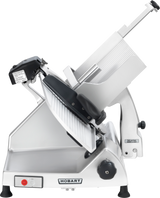 A silver and black Hobart HS8N Heavy Duty Meat Slicer with a CleanCut knife, circular blade, food carriage, thickness adjustment knob, and Hobart label on the base. The slicer is set on a flat surface with the carriage tilted upward.