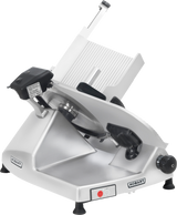 A heavy duty Hobart HS8N meat slicer with a CleanCut knife, tilted slicing platform, sharp circular blade, handle, and adjustable thickness knob. Mostly silver and white with black accents; features safety warnings and control buttons on the base.