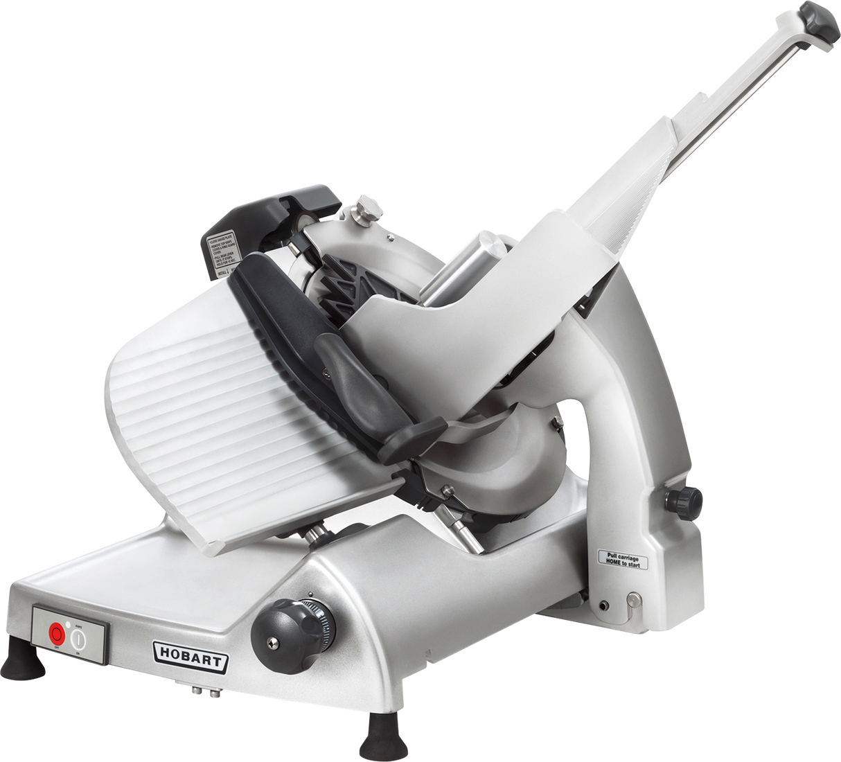 A commercial-grade Hobart HS8N Heavy Duty Meat Slicer with a silver body, angled CleanCut knife, and food carriage. It features a black handle, thickness adjustment knob, red power button, and is ideal for slicing deli meats or cheese in food service settings.