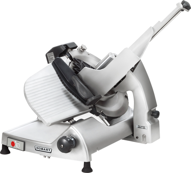 A commercial-grade Hobart HS8N Heavy Duty Meat Slicer with a silver body, angled CleanCut knife, and food carriage. It features a black handle, thickness adjustment knob, red power button, and is ideal for slicing deli meats or cheese in food service settings.