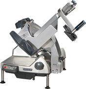 A heavy duty Hobart meat slicer with a stainless steel body, adjustable blade, black handles, and control buttons. This automatic meat slicer features a tilted carriage, safety guard, and sturdy legs for commercial use.