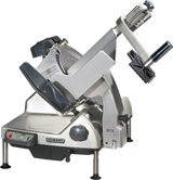 A commercial-grade Hobart Heavy Duty Meat Slicer with a silver metallic body, 13 CleanCut knife, adjustable blade guard, black handle, and control panel. It features safety guards, precision dials, and stands firmly on four legs.