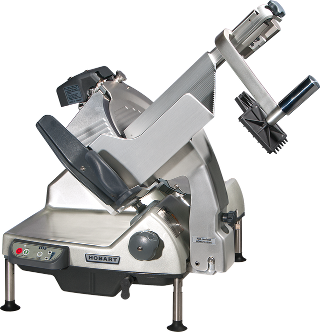 A heavy duty meat slicer by Hobart, featuring a slanted blade, food carriage, and black handle. The machine includes a CleanCut removable knife, control buttons, thickness adjustment knob, safety guard, and is elevated on four sturdy legs.