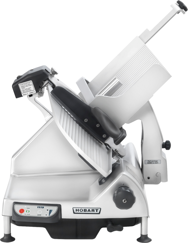 A Heavy Duty Meat Slicer with a shiny metal body, angled CleanCut knife, adjustable thickness dial, safety guard, black handle, and control buttons. The Hobart brand is visible on the base. The slicer is clean and photographed on a white background.