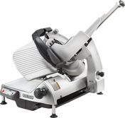 A Heavy Duty Meat Slicer with a shiny metal body, angled serrated blade, CleanCut removable knife, adjustable thickness guide, safety guard, and control buttons is shown on a white background.