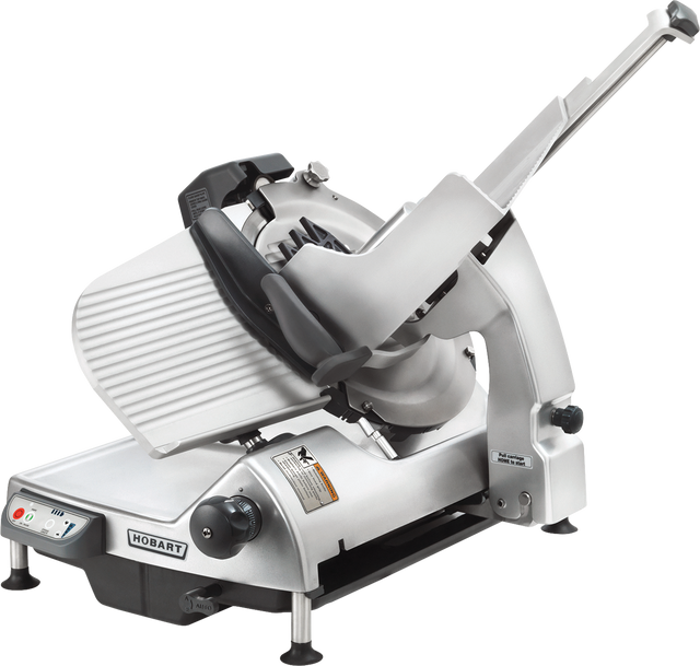 A Heavy Duty Meat Slicer with a shiny metal body, angled serrated blade, CleanCut removable knife, adjustable thickness guide, safety guard, and control buttons is shown on a white background.