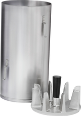 A shiny, cylindrical metal container stands upright with three small handles on its side. Next to it is a round, flat plate with six vertical fins and a central black handle from a manual meat slicer, both objects on a plain background.