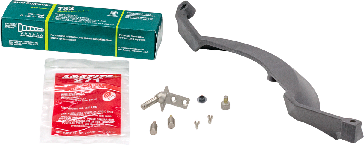 A collection of hardware parts for the Hobart Heavy Duty Meat Slicer, including a gray curved bracket, screws, bolts, a metal bracket, green Dow Corning 732 sealant box, and red Loctite 271 packet is laid out beside the 13 CleanCut knife on a white surface.