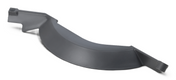 A smooth, gray, curved plastic product deflector with angled edges and protruding tabs on both ends, designed for Hobart HS series slicers. The matte finish and shallow, elongated arc shape are displayed against a white background.