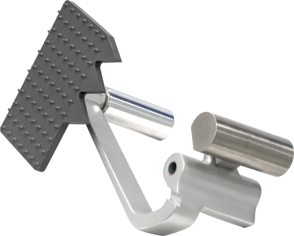 A metallic bike pedal with a textured, rectangular black surface for heavy duty meat grip and a cylindrical silver spindle for attachment. The pedal has an angular, modern design and is isolated on a plain, light background.
