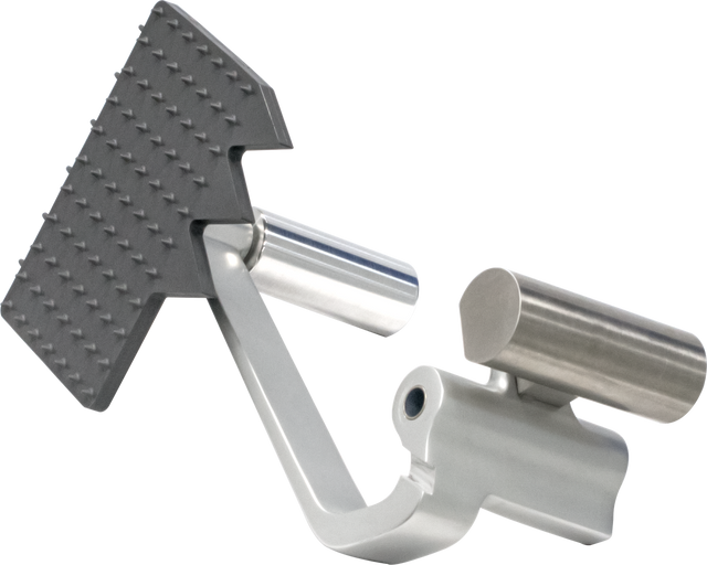 A metallic bike pedal with a textured, rectangular black surface for heavy duty meat grip and a cylindrical silver spindle for attachment. The pedal has an angular, modern design and is isolated on a plain, light background.