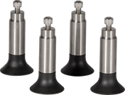 Four adjustable 4.5" legs with cylindrical stainless steel bodies and black rubber bases stand upright on a white background. Each leg, ideal for Hobart HS manual slicers, features a visible screw for height adjustment or attachment.