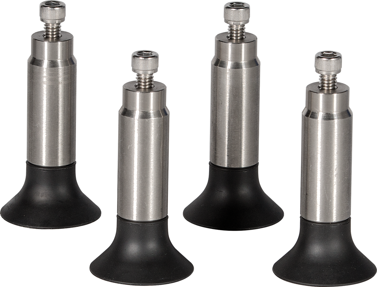 Four adjustable silver metal furniture legs with black rubber bases are standing upright on a light background. Each leg, inspired by the durability of Heavy Duty Meat Slicer parts, has a threaded screw on top for mounting and wide flat bases for stable support.