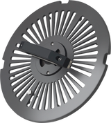 A circular, metallic object with evenly spaced slots radiating from the center; it has a black handle across the middle and notches around its edge. This resembles the 13 CleanCut removable knife from a Hobart HS6-1R Heavy Duty Meat Slicer.