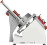 The Berkel X13-PLUS Premium Food Slicer features a white base, gray angled tray, and red handles. Its blade guard, food pusher, and adjustment knobs are visible, highlighting the slicer’s sleek, industrial design and precise control elements.