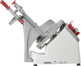 The Berkel X13-PLUS Premium Food Slicer is a commercial-grade, manual food slicer with a tilted gray and white body, circular cutting blade, sliding tray, and red handles for adjusting thickness and the safety guard—all shown on a plain white background.