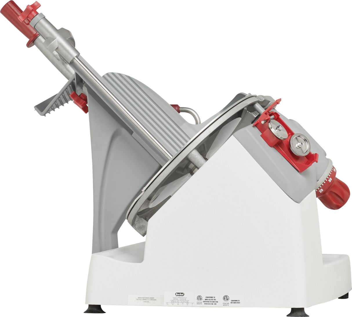 A commercial-grade Berkel X13-PLUS Premium Food Slicer with a white base, large circular serrated blade, angled gray metal arm, red safety guard, and adjustment knobs—perfect as a manual food slicer for deli meats and cheeses.
