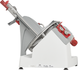 A commercial-grade Berkel X13-PLUS Premium Food Slicer with a white base, large circular serrated blade, angled gray metal arm, red safety guard, and adjustment knobs—perfect as a manual food slicer for deli meats and cheeses.