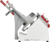 The Berkel X13-PLUS Premium Food Slicer features a white base, tilting metal carriage, round cutting blade, and red adjustment knobs. Shown from the side, this manual food slicer boasts a smooth, modern design and functional components.