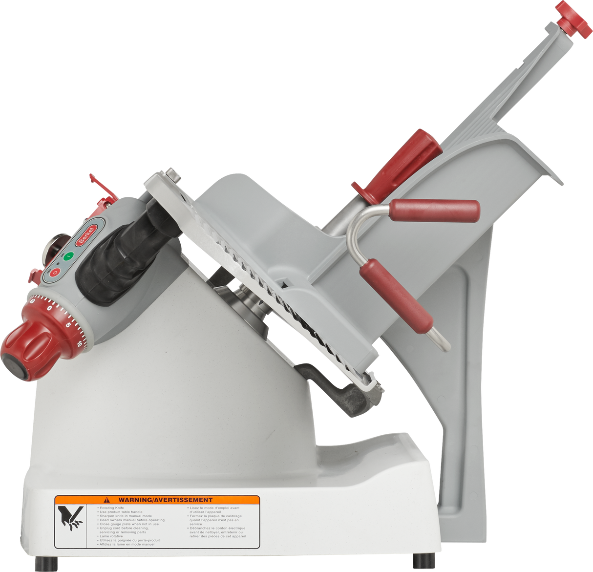 The Berkel X13-PLUS is a premium food slicer featuring a stainless steel blade, angled carriage, red handle grips, and adjustment knobs. This commercial-grade manual food slicer ensures precise cuts in any professional kitchen.