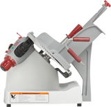 The Berkel X13-PLUS is a premium food slicer featuring a stainless steel blade, angled carriage, red handle grips, and adjustment knobs. This commercial-grade manual food slicer ensures precise cuts in any professional kitchen.