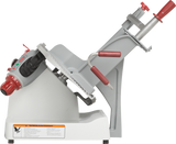 The Berkel X13-PLUS is a premium food slicer featuring a tilted platform, red handles, control buttons, and safety labels on a sturdy white base—perfect for efficient, safe meat slicing in any professional kitchen or deli.
