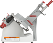 The Berkel X13-PLUS is a premium food slicer featuring a tilted platform, red handles, control buttons, and safety labels on a sturdy white base—perfect for efficient, safe meat slicing in any professional kitchen or deli.