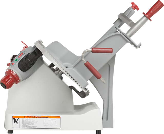 The Berkel X13-PLUS is a premium food slicer featuring a tilted platform, red handles, control buttons, and safety labels on a sturdy white base—perfect for efficient, safe meat slicing in any professional kitchen or deli.