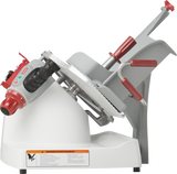 The Berkel X13-PLUS Premium Food Slicer is a commercial deli meat slicer with a tilted silver blade, red and black adjustment knobs, red handles, and safety warnings on the base. It rests on a white stand and includes a tray for sliding food toward the blade.