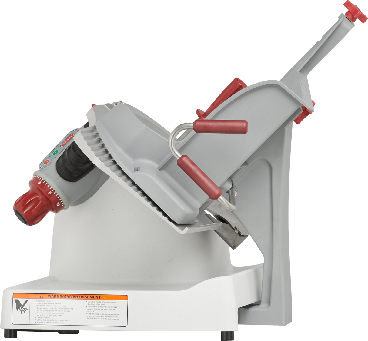 The Berkel X13-PLUS Premium Food Slicer boasts a white and gray body with red adjustment knobs, an angled food tray, and a serrated blade—this manual food slicer is perfect for slicing deli meats or cheeses. The base includes a visible caution label.