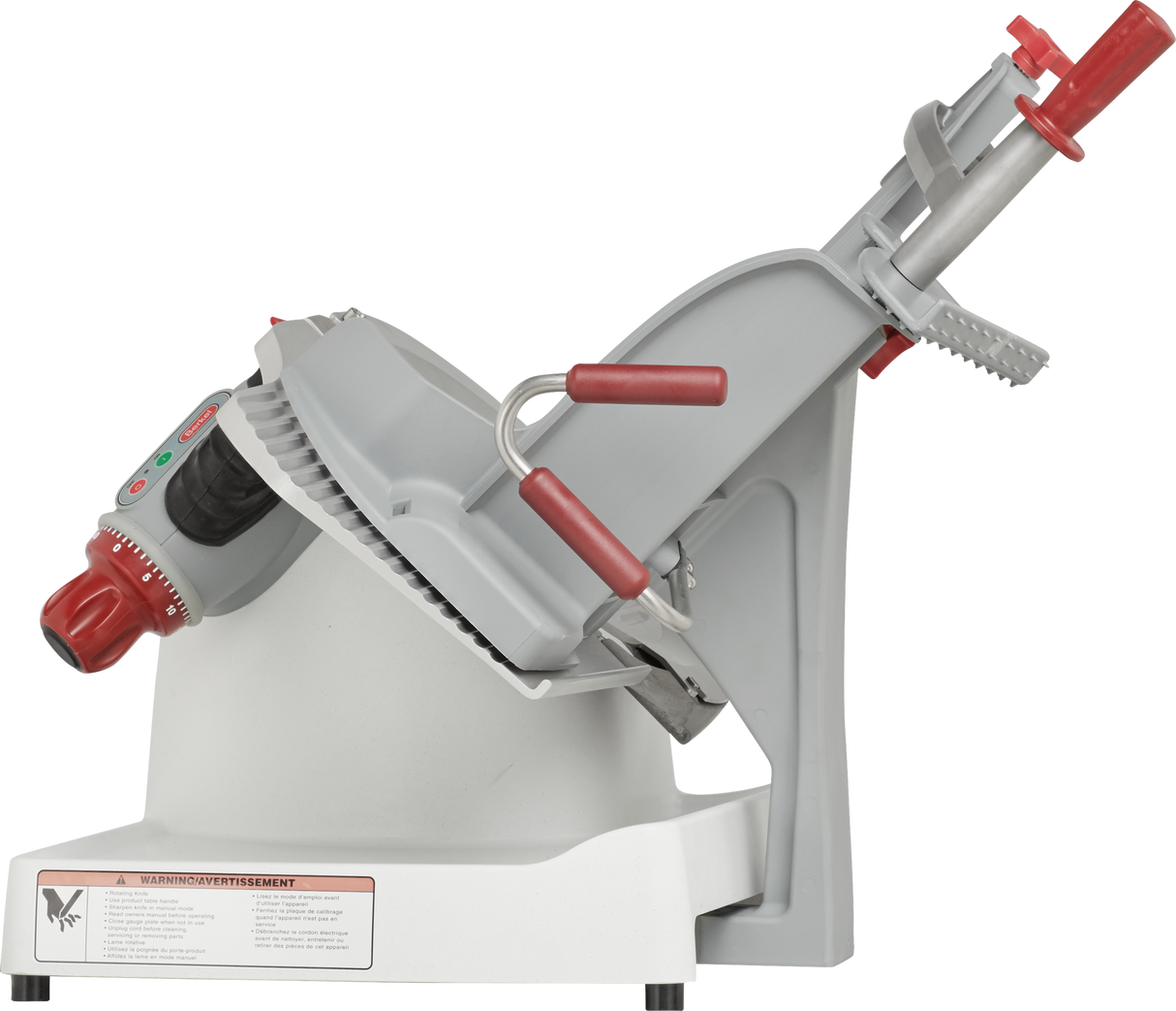 The Berkel X13-PLUS Premium Food Slicer features a white base, metallic blade, red safety knob, and control buttons. Its angled design and blade guard ensure safe slicing, with warning and instruction labels for easy manual food slicer operation.