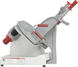 The Berkel X13-PLUS Premium Food Slicer features a white base, metallic blade, red safety knob, and control buttons. Its angled design and blade guard ensure safe slicing, with warning and instruction labels for easy manual food slicer operation.