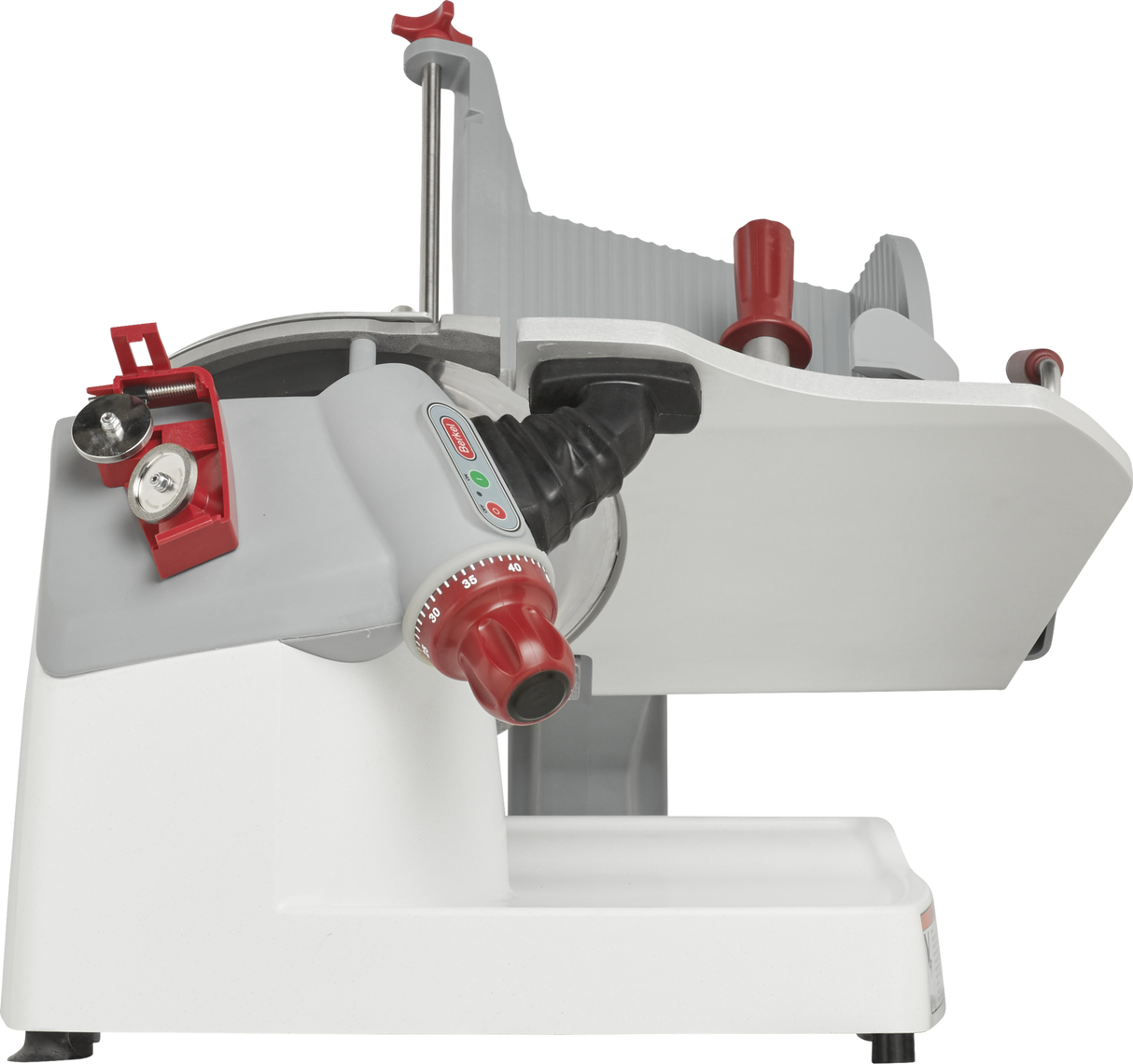 The Berkel X13-PLUS is a premium food slicer featuring a white and gray body, red adjustment knobs, and a tilted slicing platform. Its large circular blade is partially enclosed, with safety guards and a tray for catching sliced food underneath.