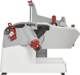 The Berkel X13-PLUS is a premium food slicer featuring a white and gray body, red adjustment knobs, and a tilted slicing platform. Its large circular blade is partially enclosed, with safety guards and a tray for catching sliced food underneath.