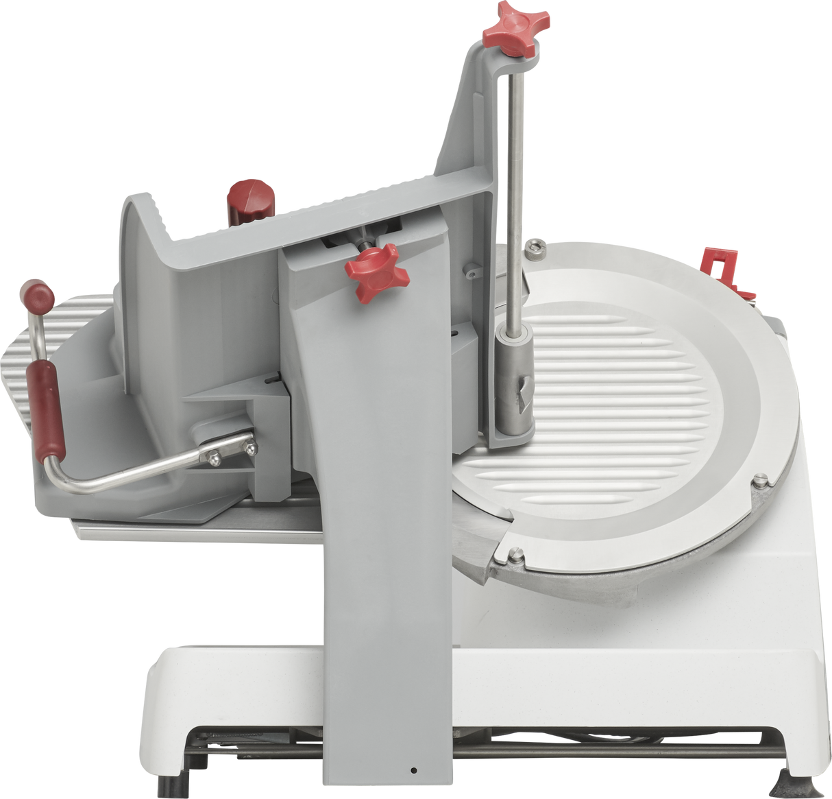 The Berkel X13-PLUS is a premium food slicer with a gray and white body, red knob controls, grooved slicing platform, and a sharp circular blade partially covered by a guard—perfect for precise food slicing.