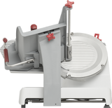 The Berkel X13-PLUS is a premium food slicer with a gray and white body, red knob controls, grooved slicing platform, and a sharp circular blade partially covered by a guard—perfect for precise food slicing.