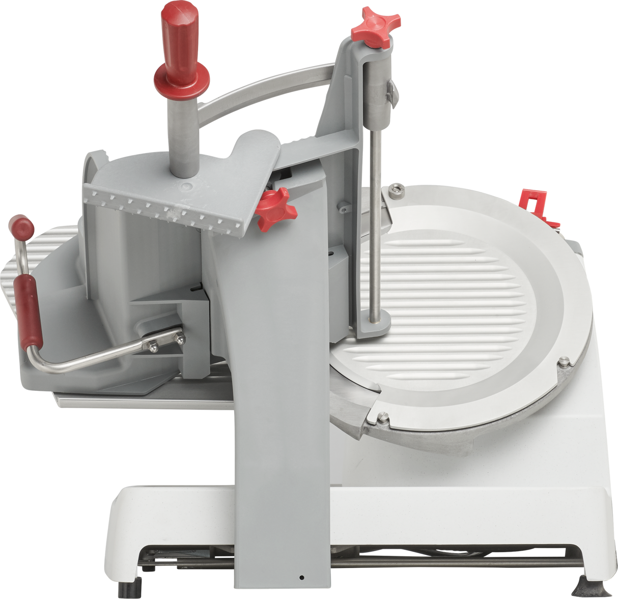 The Berkel X13-PLUS is a commercial-grade manual food slicer with a white base, gray body, and red handles and knobs. Its circular blade is partially shielded, with raised ridges on the platform and adjustable levers for precise slicing.
